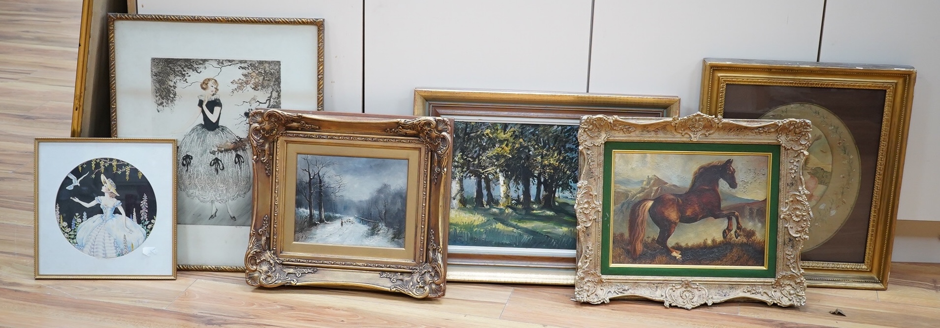 Collection of watercolours and oils to include Patricia Prentice (1923 - 2006), Rural landscapes, 19th century style oil on board, Study of a rearing horse and Jean Hardy, dry point etching, Art Nouveau lady beside birds